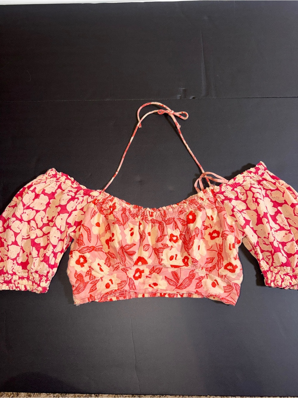 Free People Floral Off-Shoulder Crop Top in Pink and Cream